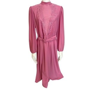 Vintage Pink Dress Size 12 Sheer 80s Cottagecore Secretary Midi single stitch